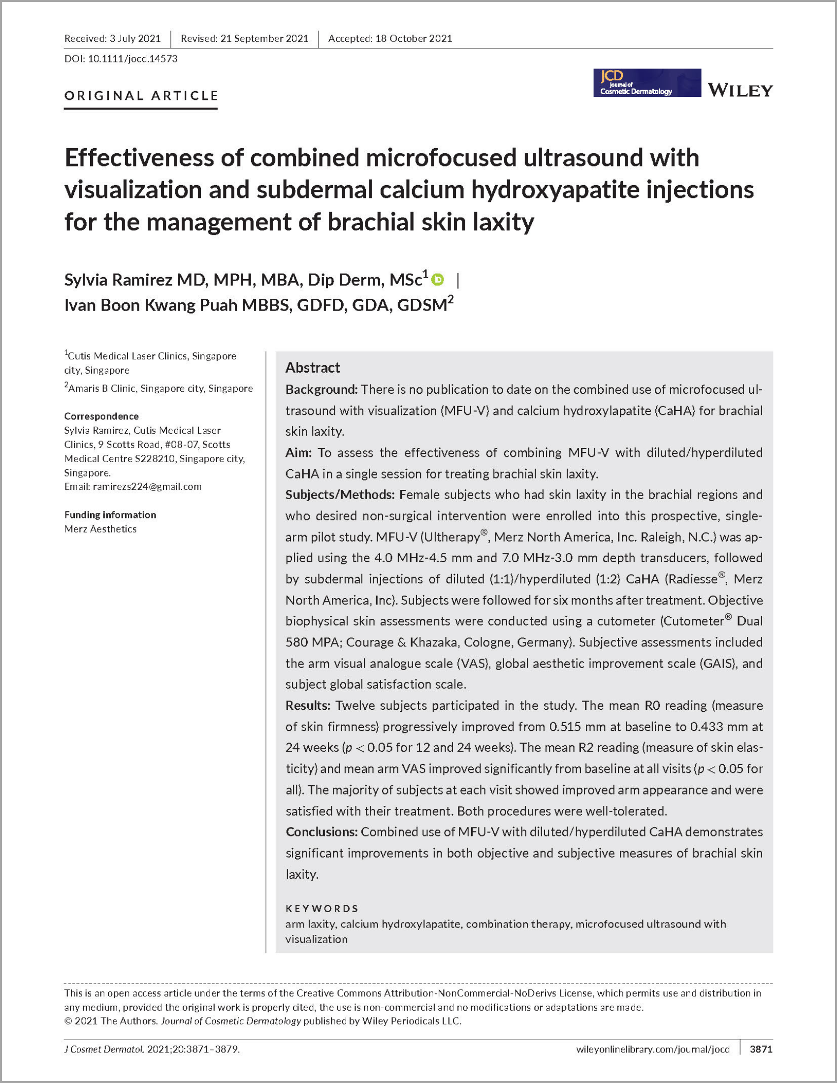 2021 JOCD-20-3871 Effectiveness of combined microfocused ultrasound with visualization and subdermal calcium hydroxyapatite injections for the management of brachial skin laxity