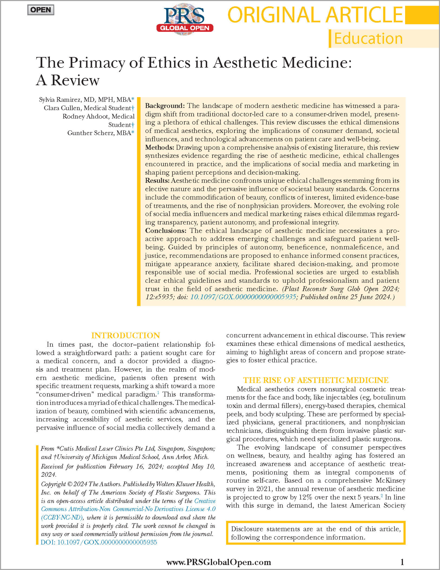 The Primacy of Ethics in Aesthetic Medicine A Review