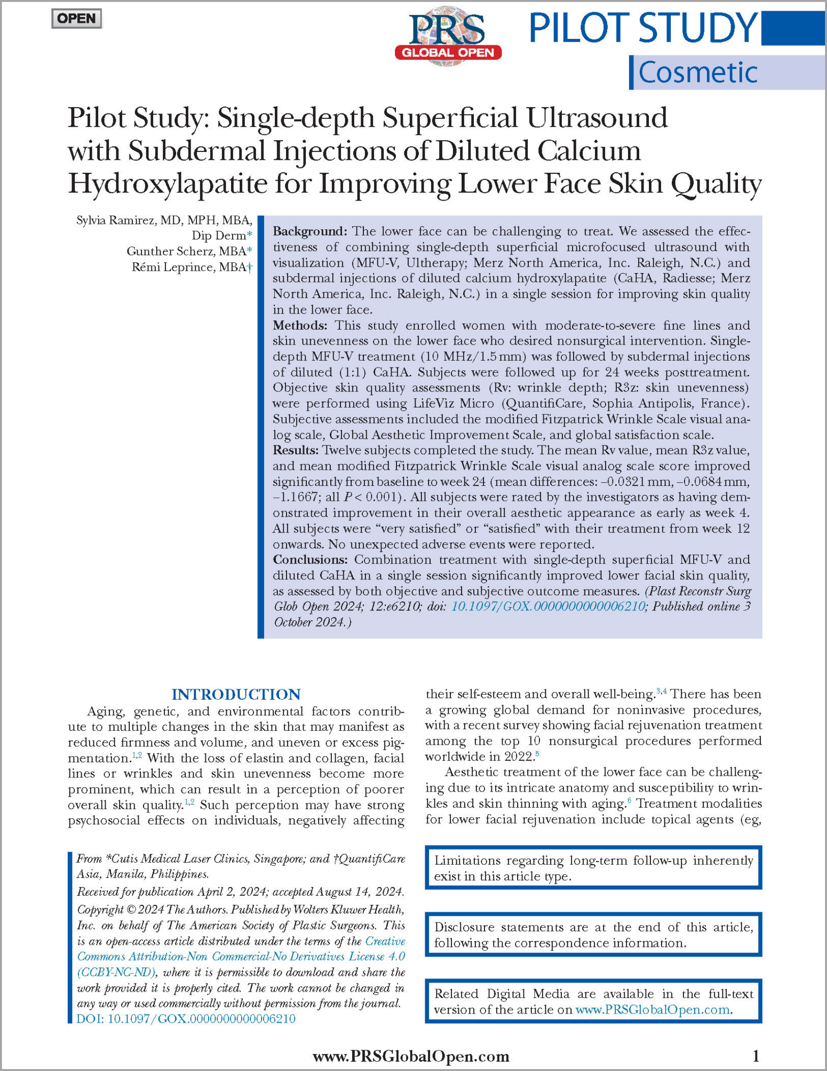 Pilot Study Single-depth Superficial Ultrasound with Subdermal Injections of Diluted Calcium Hydroxylapatite for Improving Lower Face Skin Quality