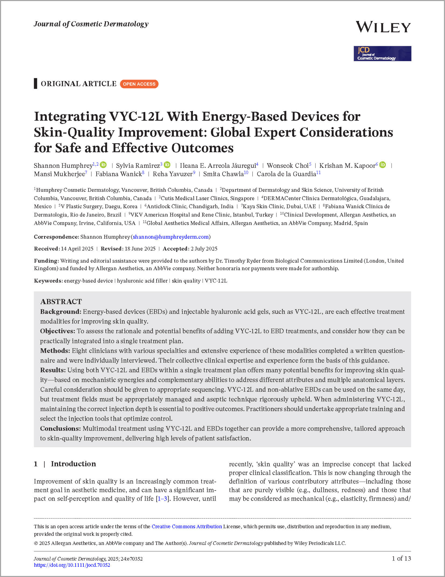 Integrating VYC-12L With Energy-Based Devices for Skin-Quality Improvement Global Expert Considerations for Safe and Effective Outcomes